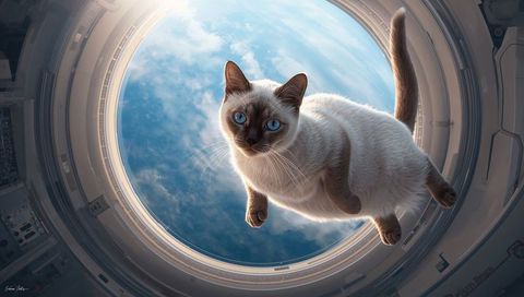 Blue-eyed siamese cat floating weightless inside space station hatch over earth view