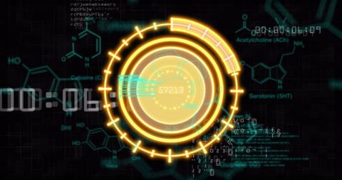 Futuristic data processing interface with digital performance metrics