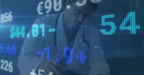 Doctor Reviewing Financial Data Overlay in Medical Office Setting