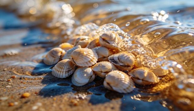 Glistening shell cluster resting on wet sand with golden sunlit wave ripples