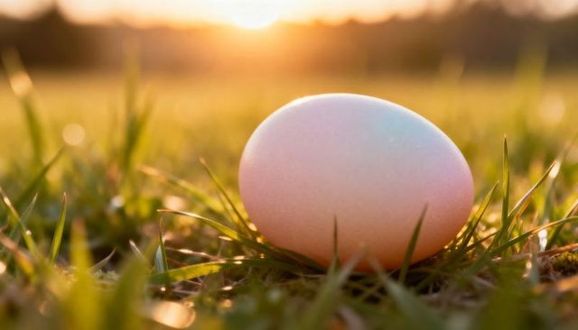 Single brown egg nestled in dewy grass at sunset rustic farm fresh minimal background