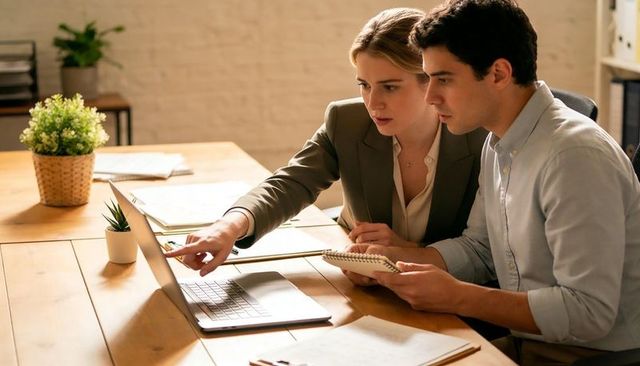 Two professionals collaborating over laptop and notebook in modern office workspace