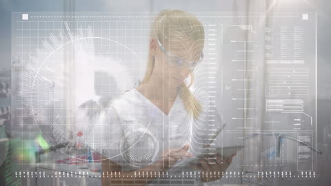 Female Doctor Using Tablet with Futuristic Data Display