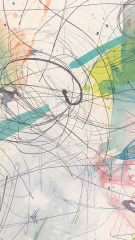 Opening camera panning over abstract expressionist canvas with black gestural lines and teal stripe