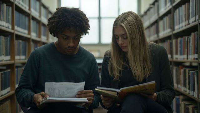 Students studying together in library aisle reading notes and book for collaborative learning