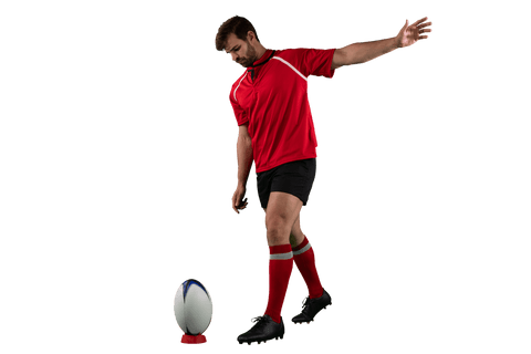 Caucasian male rugby player kicking rugby ball transparent background