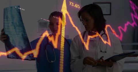 Healthcare Professionals Examining X-Ray with Financial Data Overlay