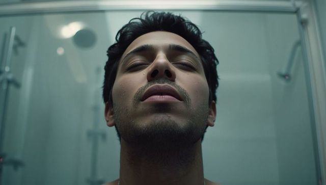 Shirtless man tilting head back under glass shower with water droplets and stubble