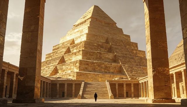 Solitary visitor exploring sunlit stepped pyramid courtyard among ancient columns