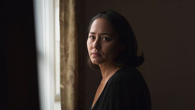 Pensive woman standing by window gazing toward light with soft curtain and sidelight