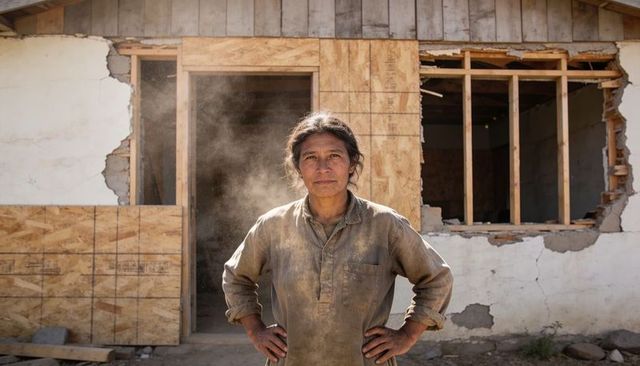 Woman carpenter standing confidently at house renovation site wearing dusty work shirt