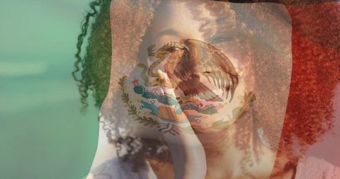 Blending mexican flag and national emblem over curly-haired woman portrait