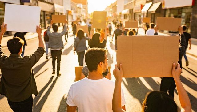 Golden hour crowd marching with blank cardboard signs, backlit urban protest