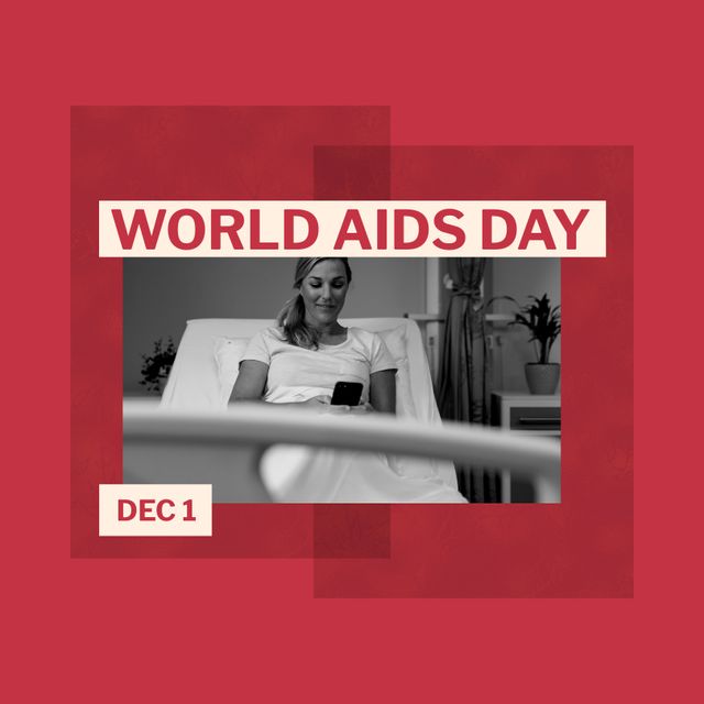Image shows a Caucasian woman sitting in a hospital bed, using her smartphone. This image can be used for promotional materials for World AIDS Day, raising awareness of AIDS and healthcare issues, and supporting related campaigns. Ideal for use in healthcare websites, social media posts, and educational content.