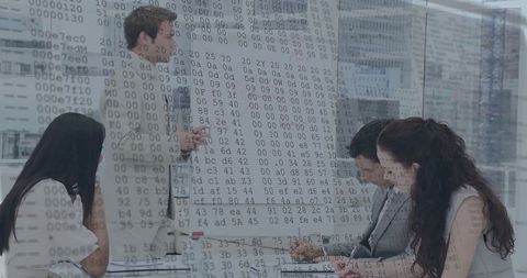 Executive presenting data to team with digital code overlay and urban skyline backdrop