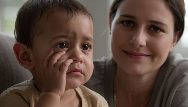 Mother comforting crying toddler on sofa showing tender bond and gentle nurturing warmth