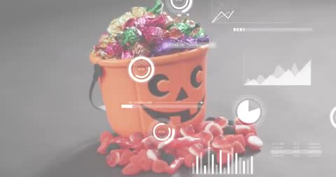 Animated Pumpkin Candy Bucket with Holographic Stats Visualization