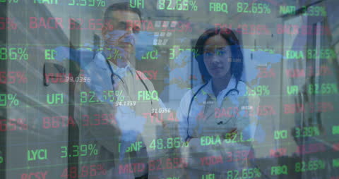 Doctors Analyzing Stock Market Data Displayed over Medical Facility