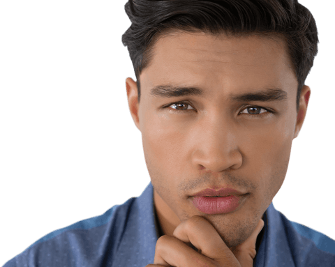 Thoughtful Young Businessman with Hand on Chin Looking Intently Forward Transparent
