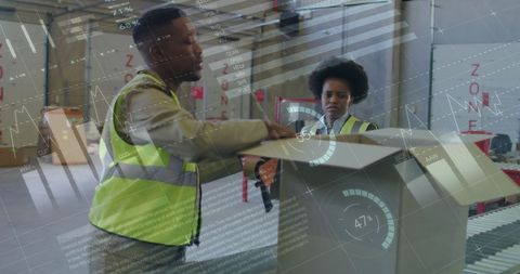 Financial data analysis overlay in busy warehouse