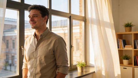 Man gazing through sunlit window in modern home office with plants and books