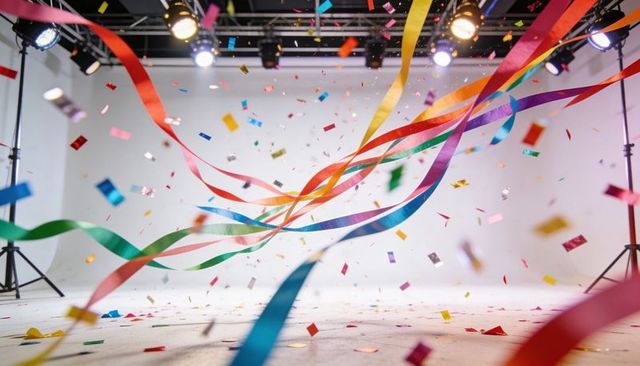 Colorful ribbons and confetti bursting across white studio with spotlights and truss