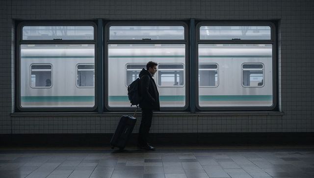 Solo traveler waiting on empty station platform with suitcase and backpack, city commute