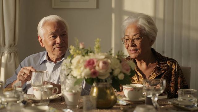 Senior asian couple enjoying tea around flower-adorned dining table in cozy home interior