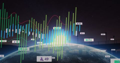 Digital graphics displaying global financial data and economy trends