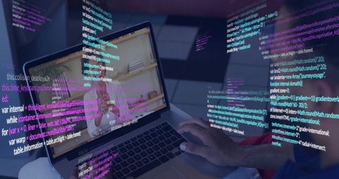 Remote developer coding on laptop with holographic code overlay and video call