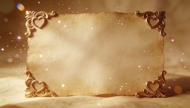 Vintage parchment with gold heart corner filigree and warm bokeh glow for text