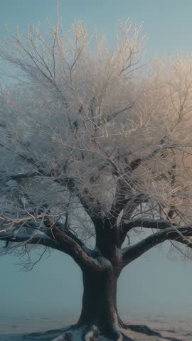 Vertical video tilting and zooming over frosted tree on snowy plain for winter scenes