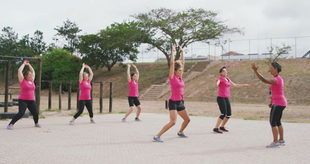 Group of senior women in pink shirts exercising with an instructor in a park. Women are enjoying an active lifestyle, participating in coordinated movements and staying fit. This can be used for promoting fitness programs for seniors, community health initiatives, or active aging campaigns.