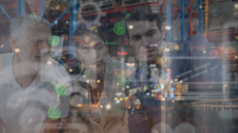 Business Meeting in Warehouse with Data Visualization Overlay