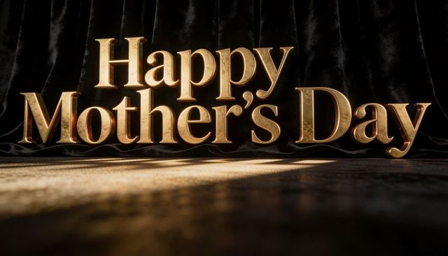 Gold 3d happy mother's day lettering on black velvet backdrop with warm spotlight