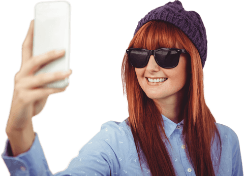 Transparent Hipster Woman Smiling and Taking a Selfie