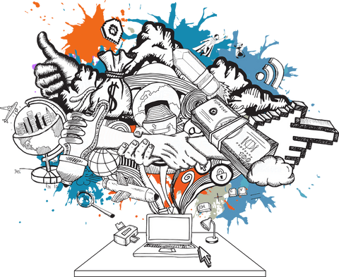 colorful hand-drawn business icons surrounding laptop on transparent background - Download Free Stock Videos Pikwizard.com