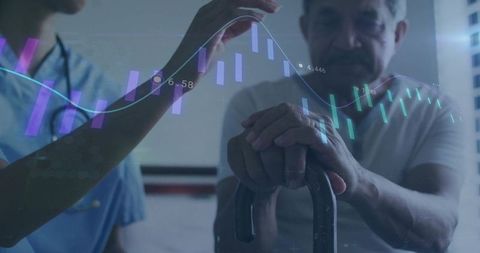 Nurse Explaining Holographic Chart to Senior Patient with Cane in Healthcare Clinic