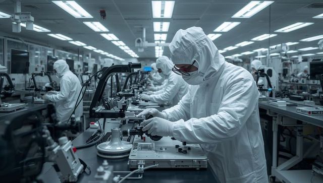 Cleanroom Technicians Inspecting Circuit Boards with Microscopes on Precision Assembly