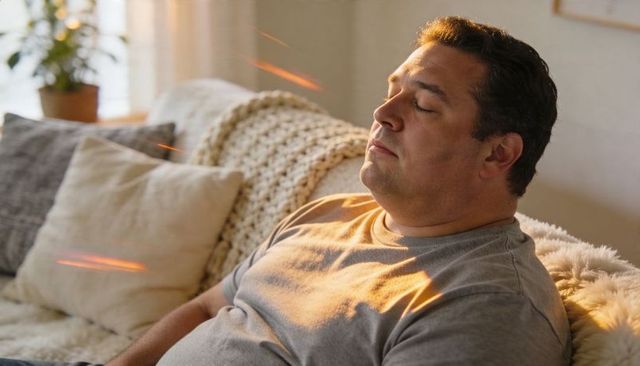 Middle-aged man relaxing on sunlit sofa with knit throw and cozy cushions