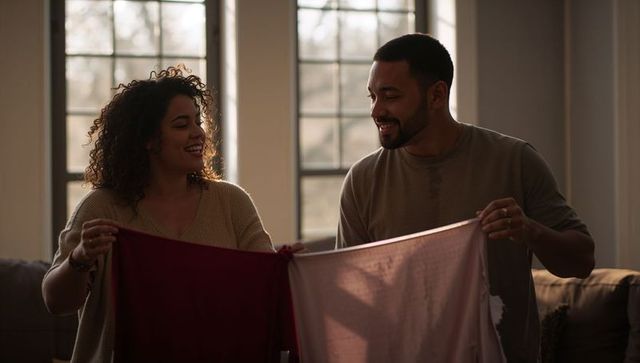 Couple holding and comparing red and pink fabric by window, smiling in cozy backlit room