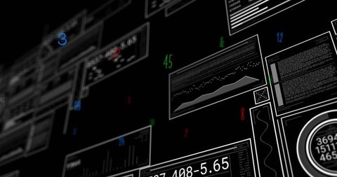 Futuristic Floating Telemetry HUD with Interactive Charts, Code Blocks, Circular Gauge