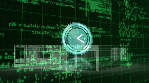 Clock Animation Overlay on Digital Code and Building Design