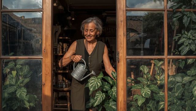 Senior woman watering lush potted plants in rustic conservatory doorway, cozy greenhouse