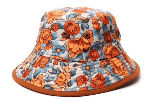 Photo of a stylish bucket hat featuring an orange floral pattern on a light blue background. Ideal for use in summer fashion blogs, online clothing stores, or travel guides promoting stylish accessories. Great for promoting casual, trendy, and boho style headwear.