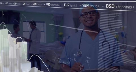 Doctor in hospital with financial stock ticker overlay