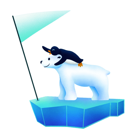 Transparent polar bear with penguin on ice floe adventure