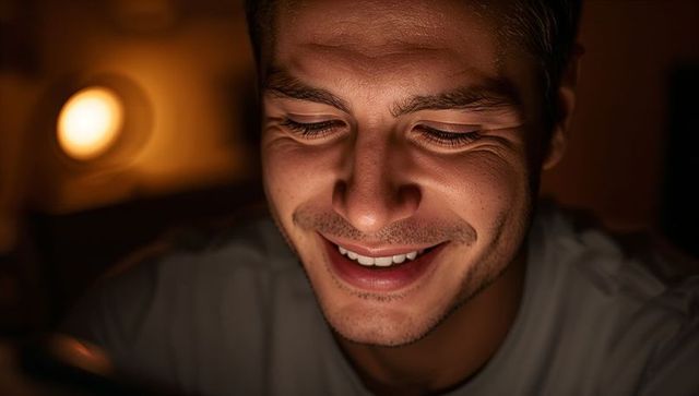 Smiling young man reading phone glow at night, warm lamp bokeh closeup portrait