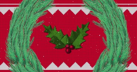 Festive Christmas Wreath and Holly on Red Knitted Background