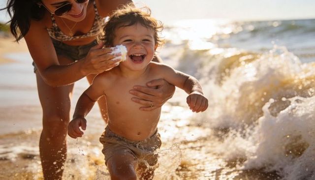 Toddler laughing and running through waves while parent applying sunscreen on sunny beach